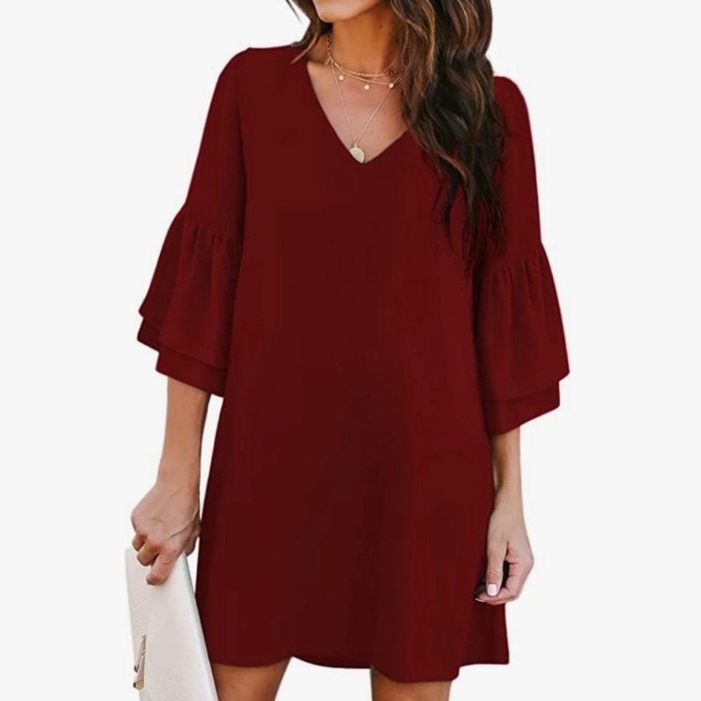 Women's Burgundy V-Neck Tiered Sleeve Mini Dress